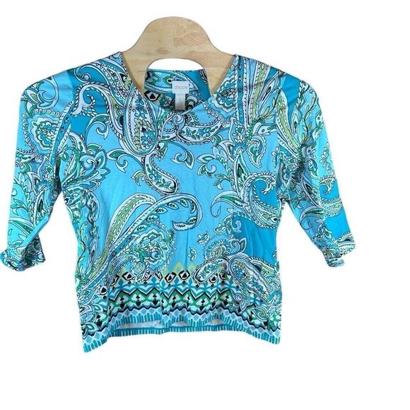 Chico's Size 2 (Large) 3/4 Sleeve Turquoise Blue Paisley - Picture 1 of 3